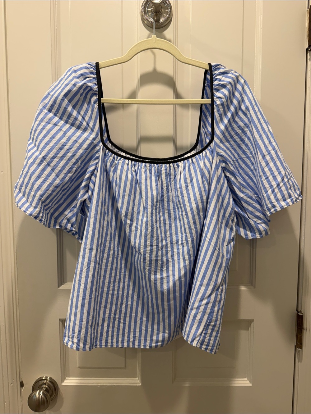 Pomander place by Tuckernuck Blue and White Striped Puff-Sleeve Square Neck Top